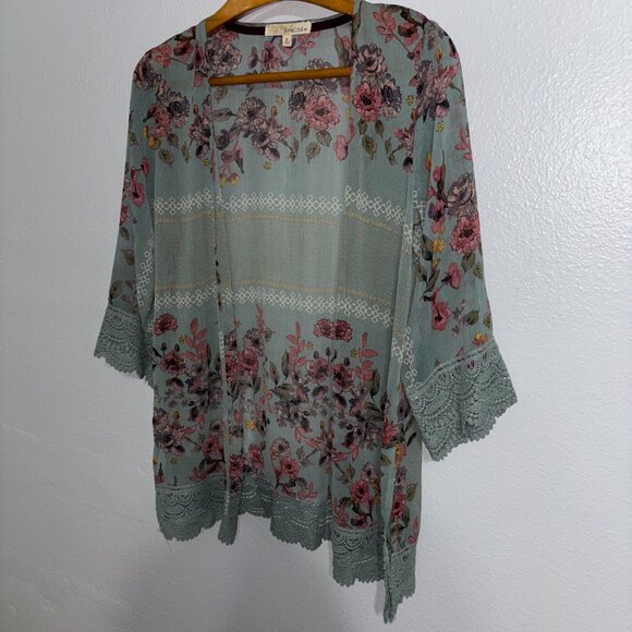 Rewind Floral Kimono Cardigan Small Sage Green Crochet Lace Boho Semi-Sheer - Picture 3 of 11